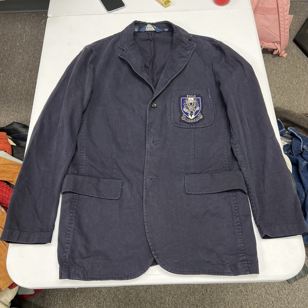 Polo Ralph Lauren Blazer Mens M Navy Blue Crest Patch Cotton Twill Sport Coat - Picture 1 of 8